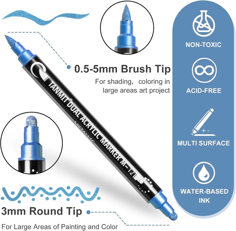 TANMIT 28 Metallic Colors Acrylic Paint Markers, Dual Tip Acrylic Paint Pens for Rock Painting, Black Paper, Wood, Canvas, Stone, Glass, Ceramic, DIY Crafts Making Art Supplies (Brush Tip and Round Tip) - Image 2